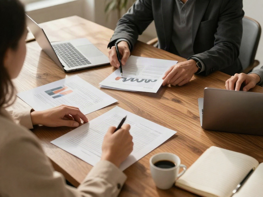 Business analysts reviewing charts and planning priorities together at a walnut desk